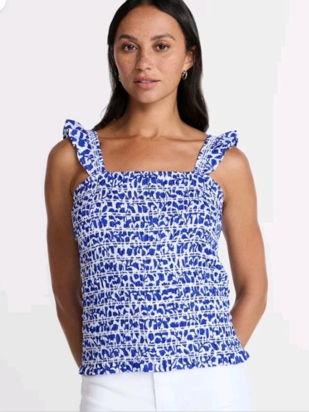 Time and Tru Blue and White Smocked Ruffle-Strap Camisole